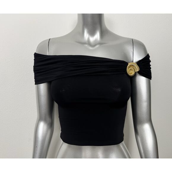 Meshki Seashell Crop Top Women’s XS Black Gold Statement Off Shoulder - Picture 1 of 9